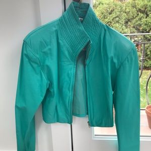 Cropped turquoise leather jacket
